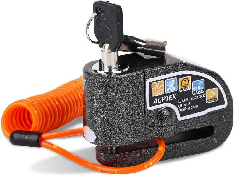 AGPtek 110dB Motorcycle Brake Lock with 5FT Reminder Cable, Anti-Theft Padlock Waterproof with Lock Pin Carrying Bag for Motorcycle Bike Scooter, Black - Image 1