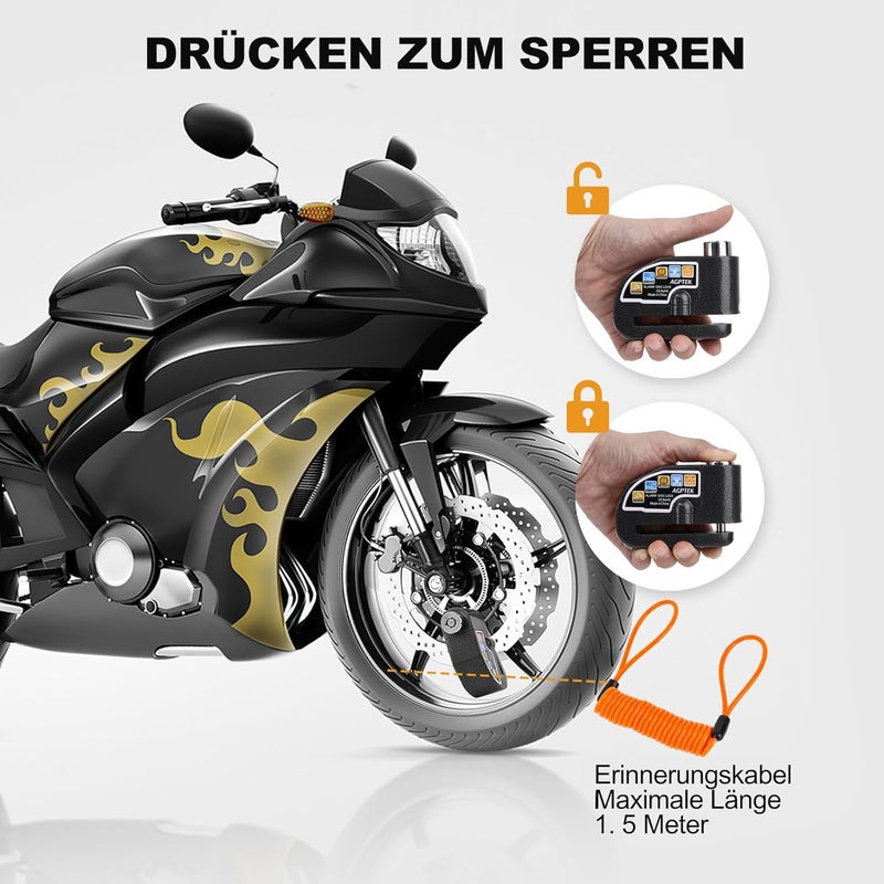 AGPtek 110dB Motorcycle Brake Lock with 5FT Reminder Cable, Anti-Theft Padlock Waterproof with Lock Pin Carrying Bag for Motorcycle Bike Scooter, Black - Image 2