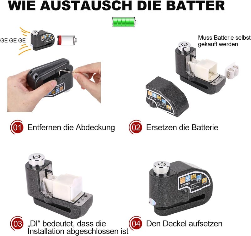 AGPtek 110dB Motorcycle Brake Lock with 5FT Reminder Cable, Anti-Theft Padlock Waterproof with Lock Pin Carrying Bag for Motorcycle Bike Scooter, Black - Image 5