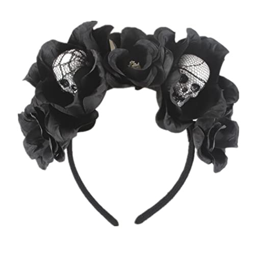 JEAIRTS Halloween Rose Veil Headband Skull Hair Band Black Flower Crown Day of The Dead Headpiece Gothic Costume Accessories 1Skull Headband - Image 1