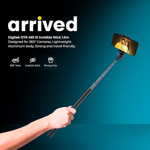 Digitek DTR 495IS Aluminum Invisible Selfie Stick for 360° Cameras, 1.5meter, 5-Section Adjustable, Rotation Lock, Anti-Skid Grip, 1kg Load, Compatible with Insta360, GoPro Hero & DJI Action Cameras - Image 2