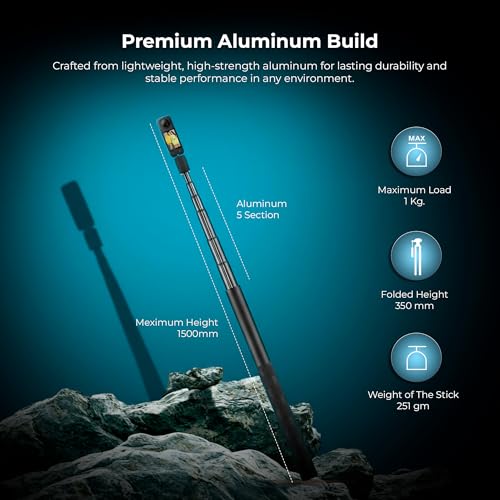 Digitek DTR 495IS Aluminum Invisible Selfie Stick for 360° Cameras, 1.5meter, 5-Section Adjustable, Rotation Lock, Anti-Skid Grip, 1kg Load, Compatible with Insta360, GoPro Hero & DJI Action Cameras - Image 3