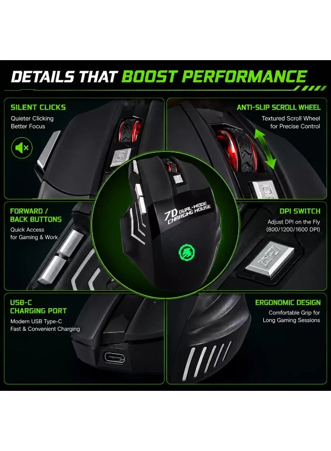 X7 Wireless Bluetooth Gaming Mouse – Silent Clicks Rechargeable USB-C, 1600 DPI Optical Sensor, Dual-Mode 2.4GHz & Bluetooth (Black) - Image 3