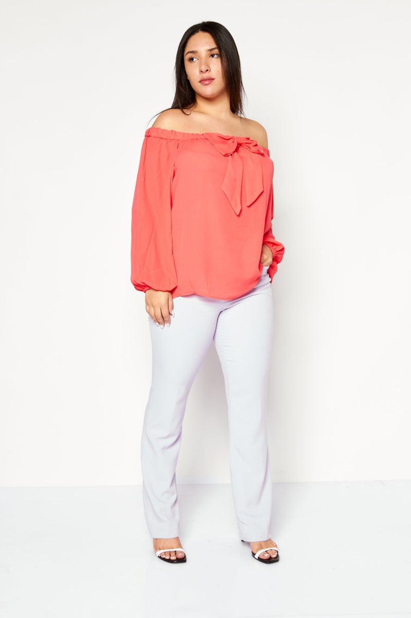 Riley & Rae Women Off Shoulder Long Sleeves Plain Top, Pink - Image 4