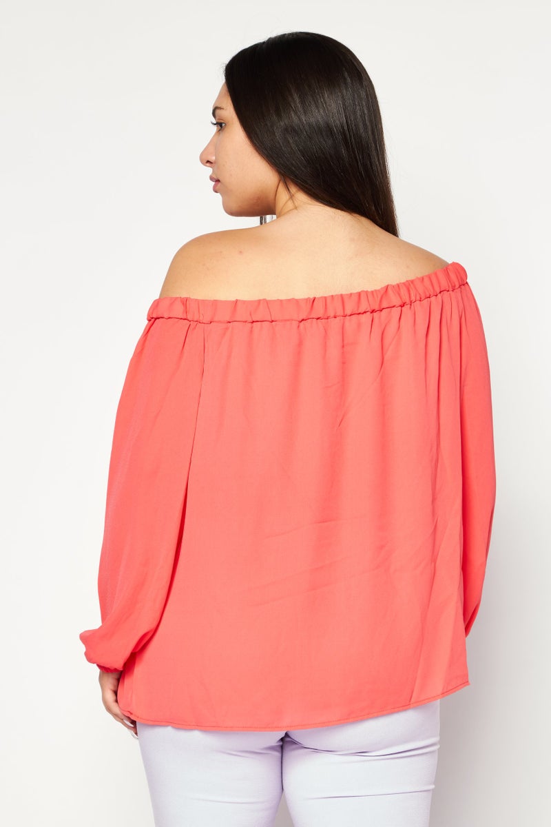 Riley & Rae Women Off Shoulder Long Sleeves Plain Top, Pink - Image 2