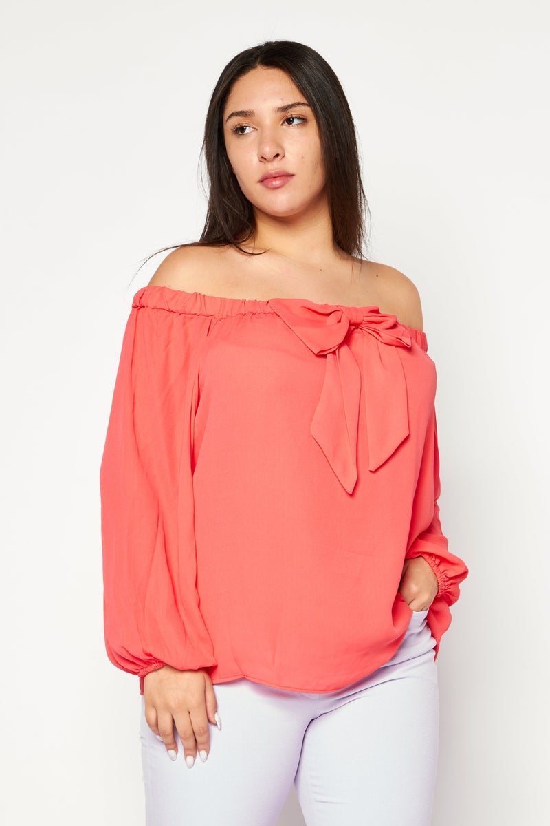 Riley & Rae Women Off Shoulder Long Sleeves Plain Top, Pink - Image 1