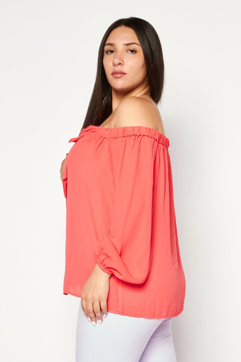 Riley & Rae Women Off Shoulder Long Sleeves Plain Top, Pink - Image 3