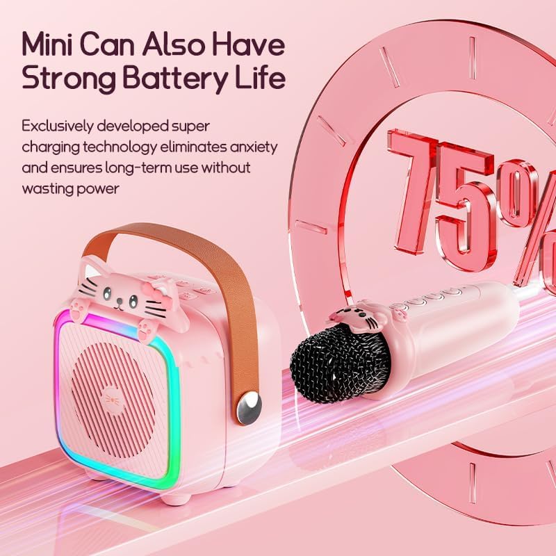 KASTWAVE Karaoke Machine, Portable Bluetooth Speaker with 2 Wireless Microphones, Compatible for All Smartphones, Toy Gift for Aged 3-12 Year Birthday Parties Christmas Party - Pink - Image 4