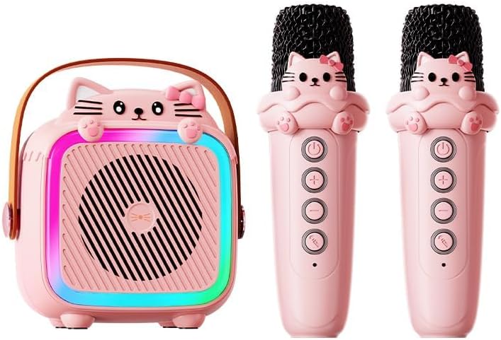 KASTWAVE Karaoke Machine, Portable Bluetooth Speaker with 2 Wireless Microphones, Compatible for All Smartphones, Toy Gift for Aged 3-12 Year Birthday Parties Christmas Party - Pink - Image 1