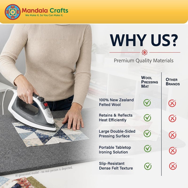 Mandala Crafts 11.5 × 14.5 Inch 100% New Zealand Wool Pressing Mat for Quilting – 1/2 Inch Thick Heat Retention Ironing Pad for Sewing & Ironing Board Alternative - Image 2