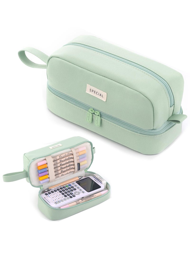 Spacious Canvas Pencil Case with Dual Compartments for Students and Professionals, Ideal for Organizing Stationery and Pens, Available in Green - Image 1