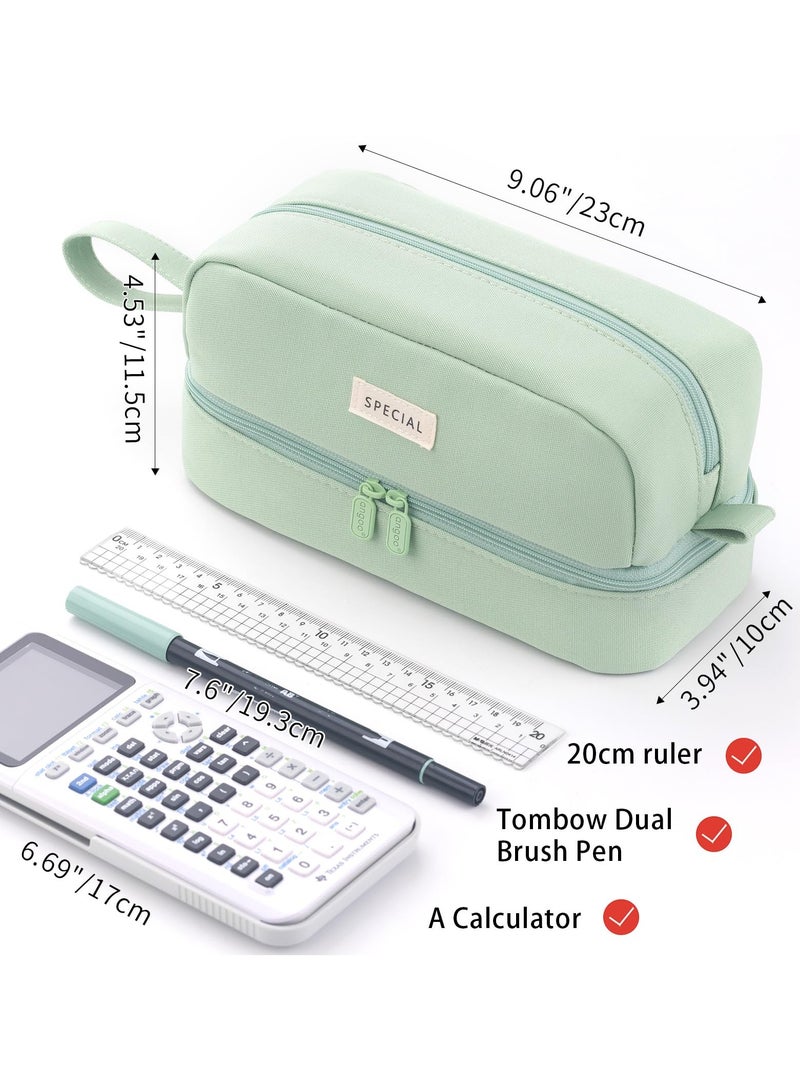 Spacious Canvas Pencil Case with Dual Compartments for Students and Professionals, Ideal for Organizing Stationery and Pens, Available in Green - Image 3