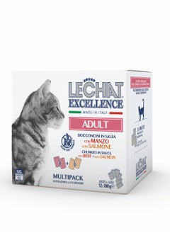 Monge Lechat Excellence by Monge | Cat Wet Food | Chunkies in Pouch | Super Premium Complementary Wet Cat Food | Multipack Beef & Salmon - 12x100g  - Image 1