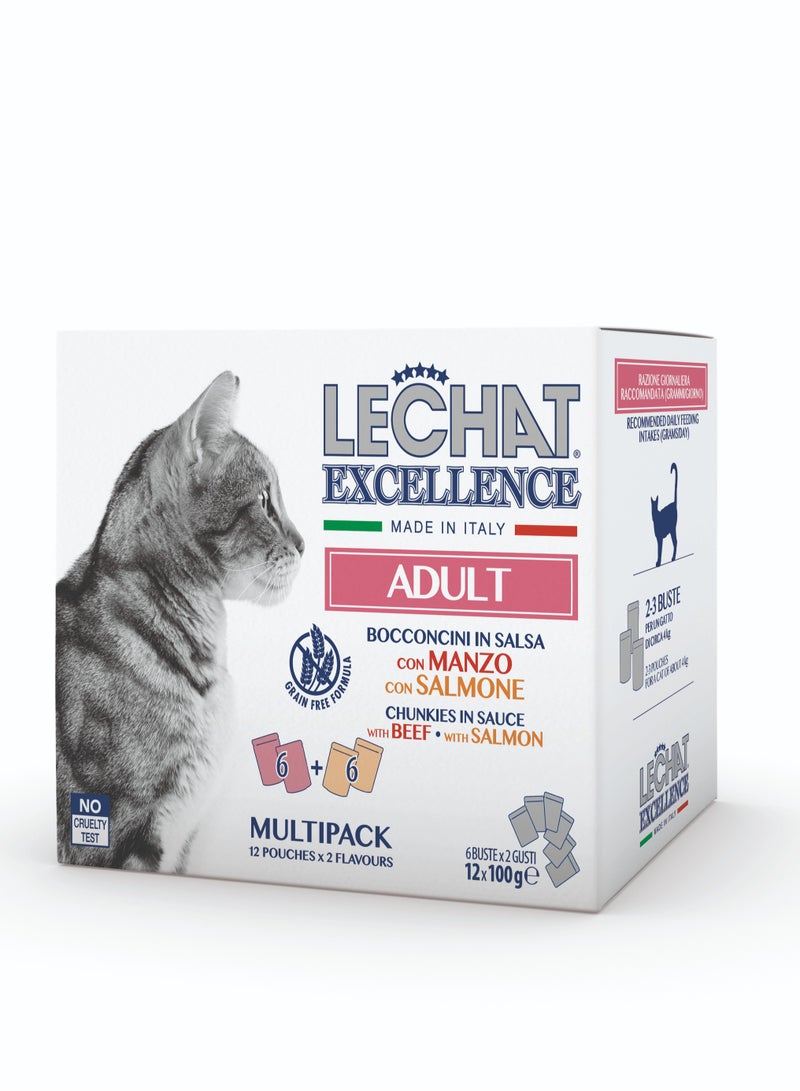 Monge Lechat Excellence by Monge | Cat Wet Food | Chunkies in Pouch | Super Premium Complete Wet Cat Food | Multipack Beef & Salmon - 12x100g - Image 1
