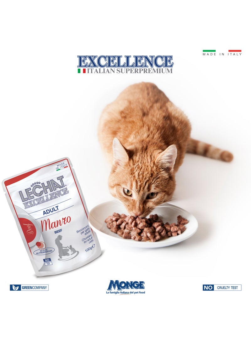Monge Lechat Excellence by Monge | Cat Wet Food | Chunkies in Pouch | Super Premium Complete Wet Cat Food | Multipack Beef & Salmon - 12x100g - Image 3