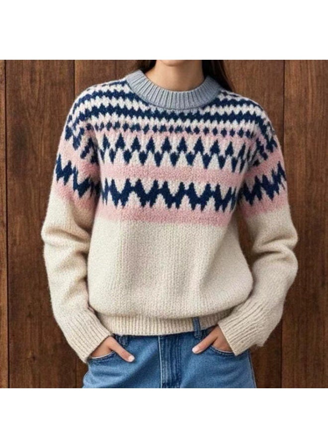 general Womens Fall Vintage Fair Isle Sweater Casual Loose Long Sleeve Crewneck Knitted Pullover Sweater Tops - Image 1