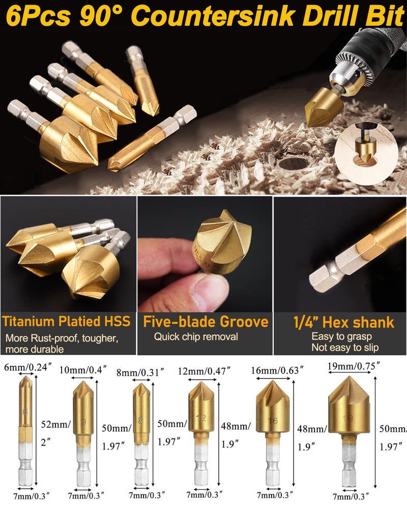 Rocaris 39 Pack Woodworking Chamfer Drilling Tools, Including Countersink Drill Bits, L-Wrench, Wood Plug Cutter, Step Drill Bit, Center Punch, Drill Stop Bit Collar Set, Twist Drill Bit Tool - Image 3