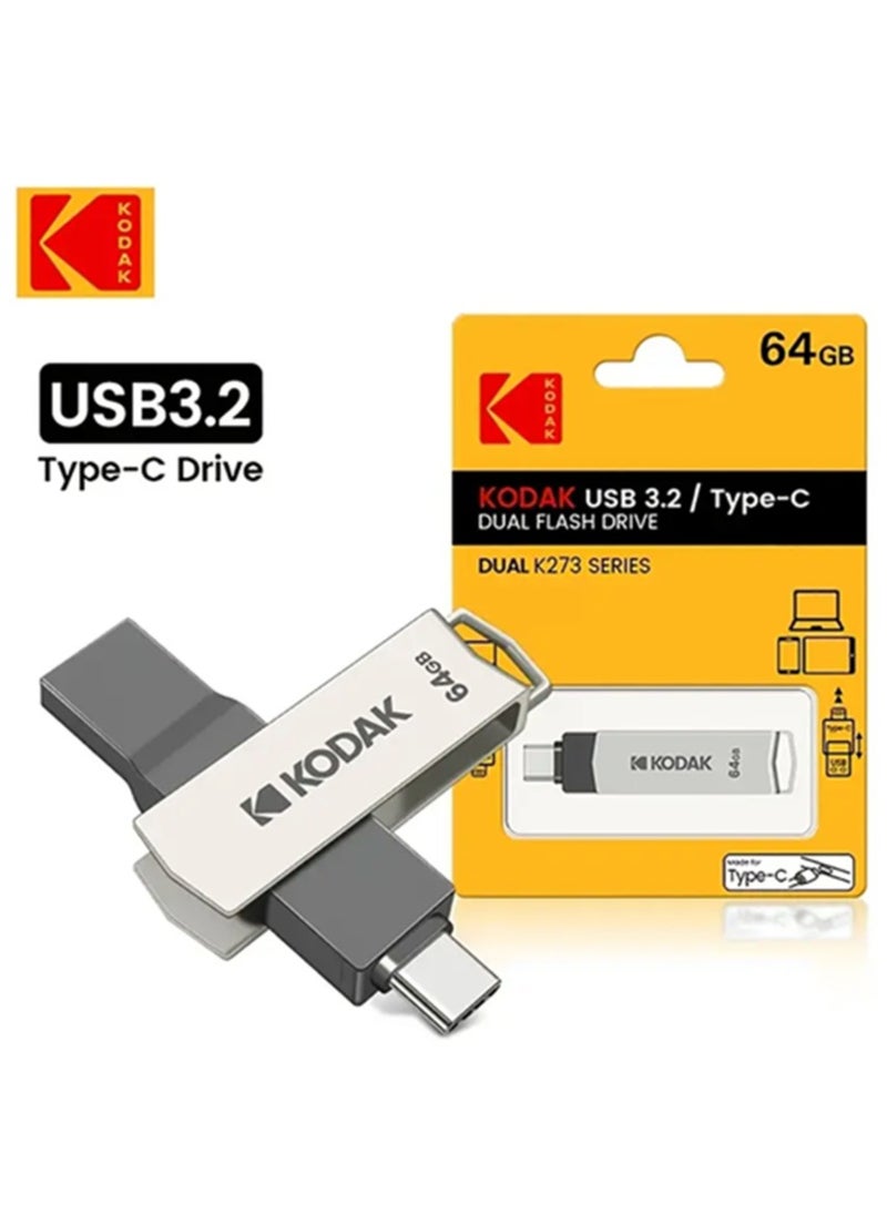 Kodak K273 Series Dual Flash Drive, 64GB/128GB/256GB, USB 3.0 & Type-C, Rotatable Design, Compatible with Phones & PCs  - Image 1