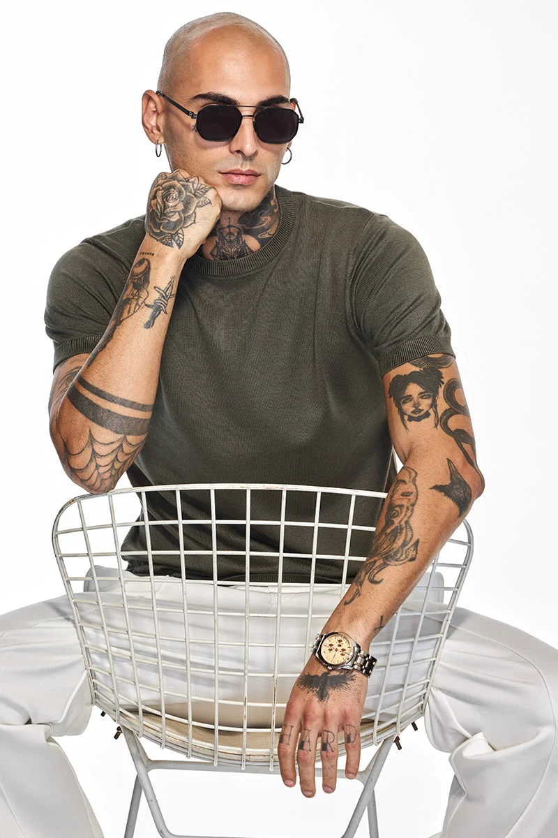 SNITCH Core Lab Olive Flat Knit Slim Fit T-Shirt