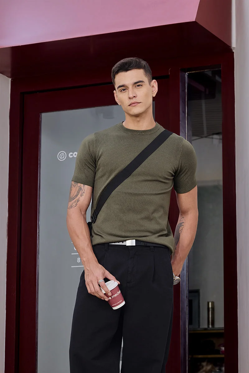 SNITCH Core Lab Olive Flat Knit Slim Fit T-Shirt