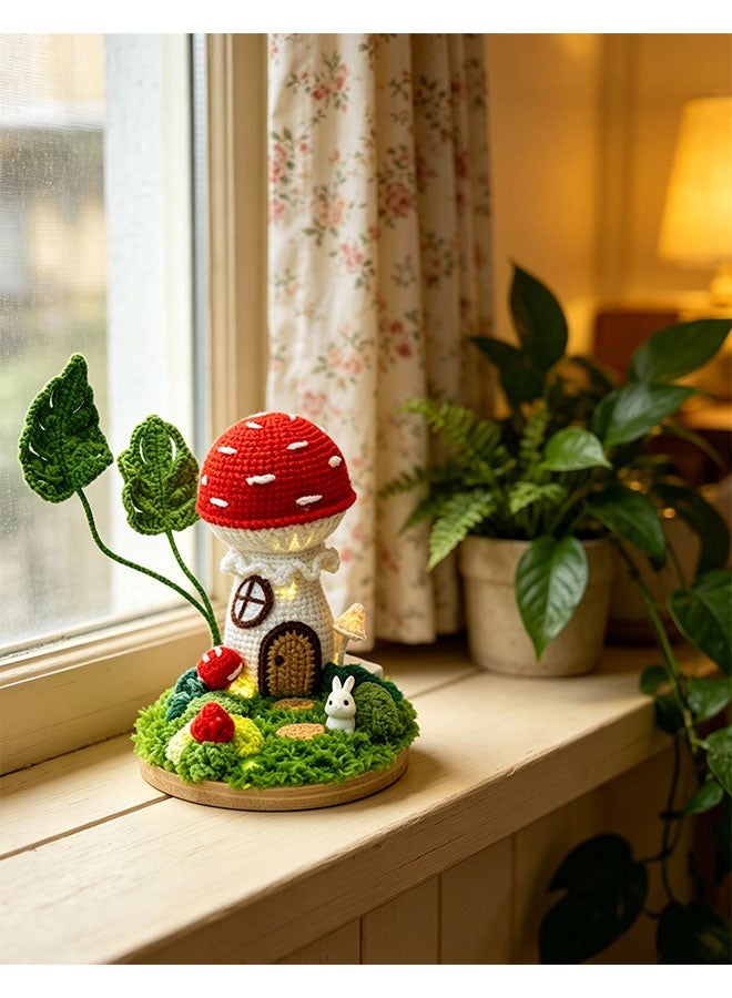 Beauenty Handmade Crochet Enchanted Mushroom House Mini Landscape with LED Lights, Fairy Tale Forest Desktop Ornament, Whimsical Home Decor for Bedroom, Unique Handcrafted Gift - Image 1