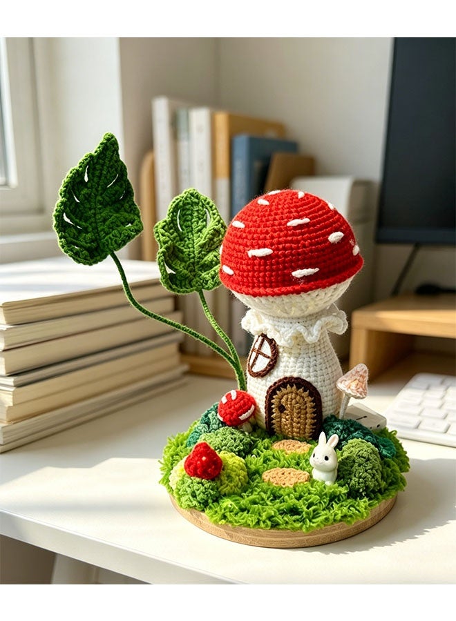 Beauenty Handmade Crochet Enchanted Mushroom House Mini Landscape with LED Lights, Fairy Tale Forest Desktop Ornament, Whimsical Home Decor for Bedroom, Unique Handcrafted Gift - Image 3