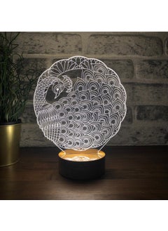 Peacock LED Table Lamp Wooden Base 7 Different Light Colors