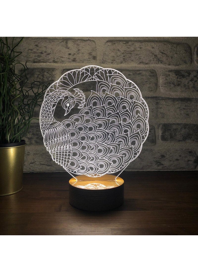 By-Lamp Peacock LED Table Lamp Wooden Base 7 Different Light Colors  - Image 1