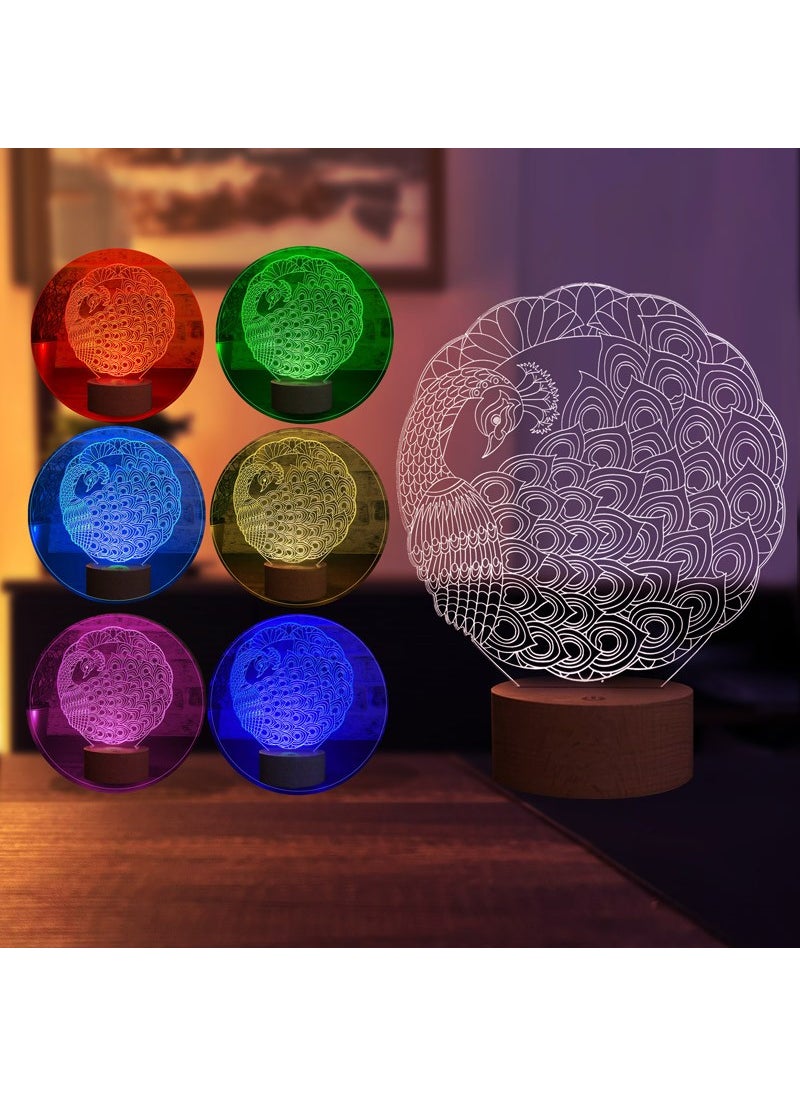 By-Lamp Peacock LED Table Lamp Wooden Base 7 Different Light Colors  - Image 2