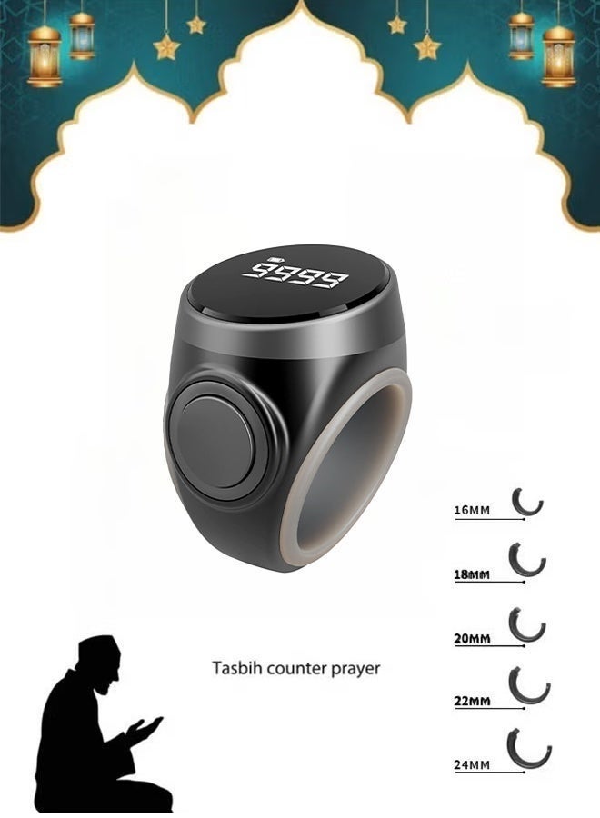 Tasbih S Zikr Smart Praise Ring, Adjustable Praise Ring Finger Counter ,Rechargeable Electronic Digital Tasbih Counter Rings , Waterproof 4 Digit Finger Counter Zikr Ring for Muslims (Black) Finger Counter for Muslims - Image 1