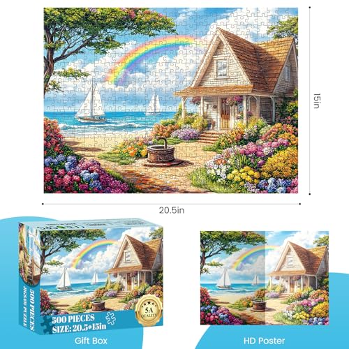 DAGIRT 500 Piece Puzzles for Adults Cozy Beach Cottage 500 Piece Puzzle Vibrant Rainbow Sky Jigsaw Puzzle Perfect for Family Game Night Home Wall Decor Ideal Gift for Adults Kids Seniors 205 x 15 in - Image 5
