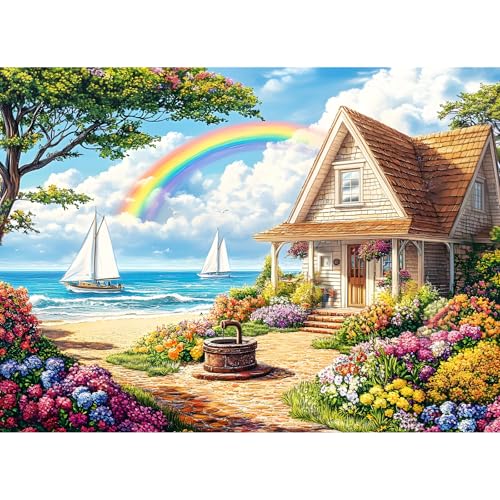 DAGIRT 500 Piece Puzzles for Adults Cozy Beach Cottage 500 Piece Puzzle Vibrant Rainbow Sky Jigsaw Puzzle Perfect for Family Game Night Home Wall Decor Ideal Gift for Adults Kids Seniors 205 x 15 in - Image 1