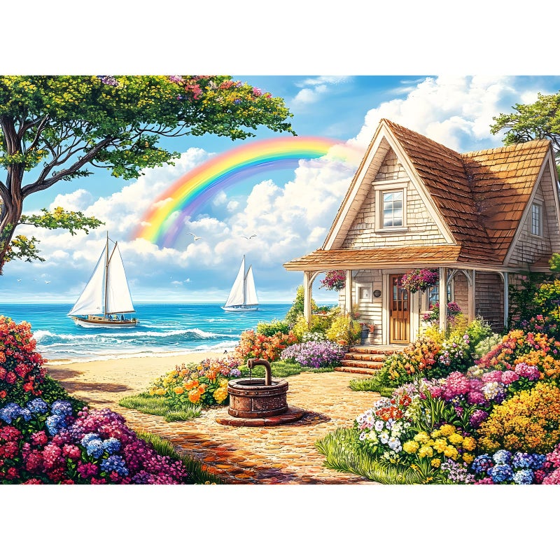DAGIRT 500 Piece Puzzles for Adults Cozy Beach Cottage 500 Piece Puzzle Vibrant Rainbow Sky Jigsaw Puzzle Perfect for Family Game Night Home Wall Decor Ideal Gift for Adults Kids Seniors 205 x 15 in - Image 3