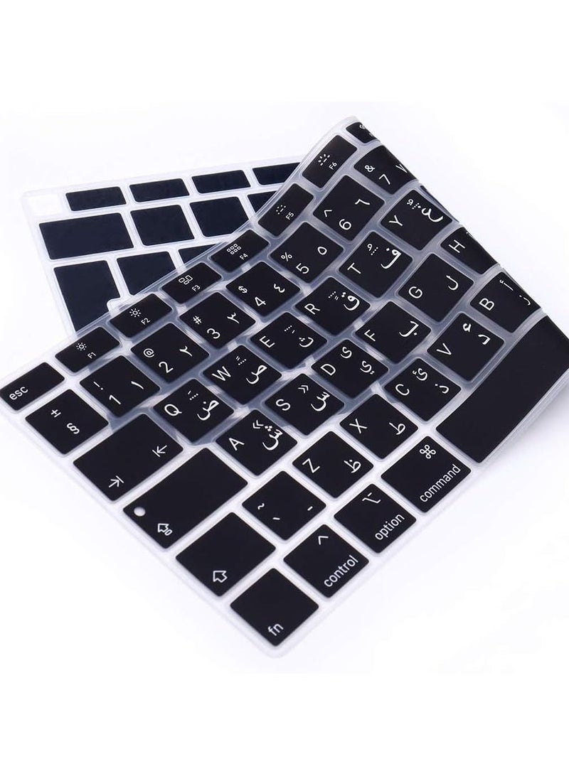 أمم غطاء لوحة مفاتيح سيليكون بتصميم أوروبي/بريطاني باللغة العربية والإنجليزية متوافق مع ماك بوك نيو اير 13 بوصة مع شاشة ريتينا ومعرف اللمس ، موديل ايه 1932 ، إصدار 2018/2019 ، أسود - Image 4