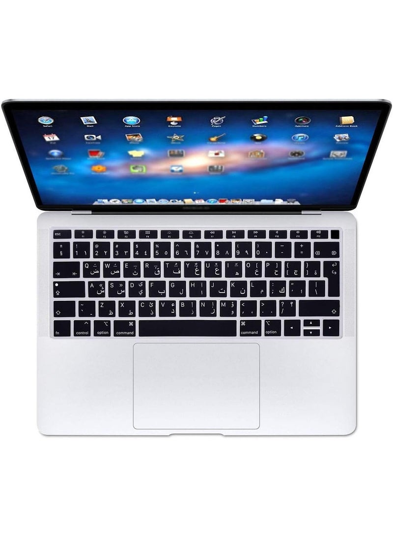 أمم غطاء لوحة مفاتيح سيليكون بتصميم أوروبي/بريطاني باللغة العربية والإنجليزية متوافق مع ماك بوك نيو اير 13 بوصة مع شاشة ريتينا ومعرف اللمس ، موديل ايه 1932 ، إصدار 2018/2019 ، أسود - Image 1