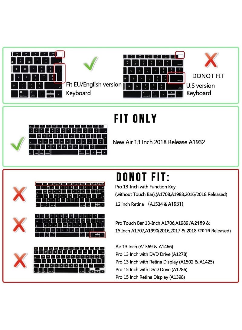 أمم غطاء لوحة مفاتيح سيليكون بتصميم أوروبي/بريطاني باللغة العربية والإنجليزية متوافق مع ماك بوك نيو اير 13 بوصة مع شاشة ريتينا ومعرف اللمس ، موديل ايه 1932 ، إصدار 2018/2019 ، أسود - Image 2