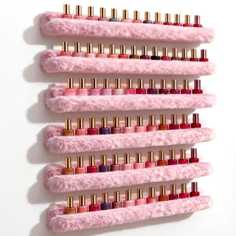 YMVV Nail Polish Wall Shelf - 15-Inch Furry Plush Display & Organizer Rack, Holds 60+ Polishes, Soft Ledge for Bedroom, Bathroom, Salon - Protects Bottles from Scratchesï¼Œ6 Pack Pink - Image 1