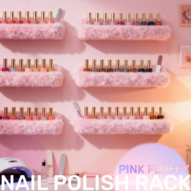 YMVV Nail Polish Wall Shelf - 15-Inch Furry Plush Display & Organizer Rack, Holds 60+ Polishes, Soft Ledge for Bedroom, Bathroom, Salon - Protects Bottles from Scratchesï¼Œ6 Pack Pink - Image 4