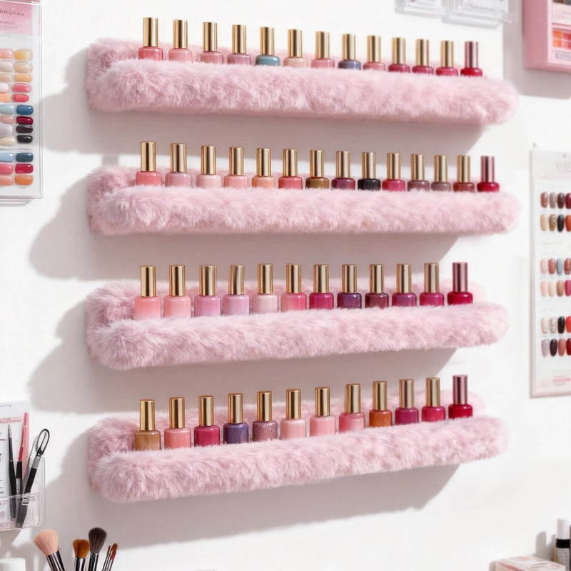 YMVV Nail Polish Wall Shelf - 15-Inch Furry Plush Display & Organizer Rack, Holds 60+ Polishes, Soft Ledge for Bedroom, Bathroom, Salon - Protects Bottles from Scratchesï¼Œ6 Pack Pink - Image 3