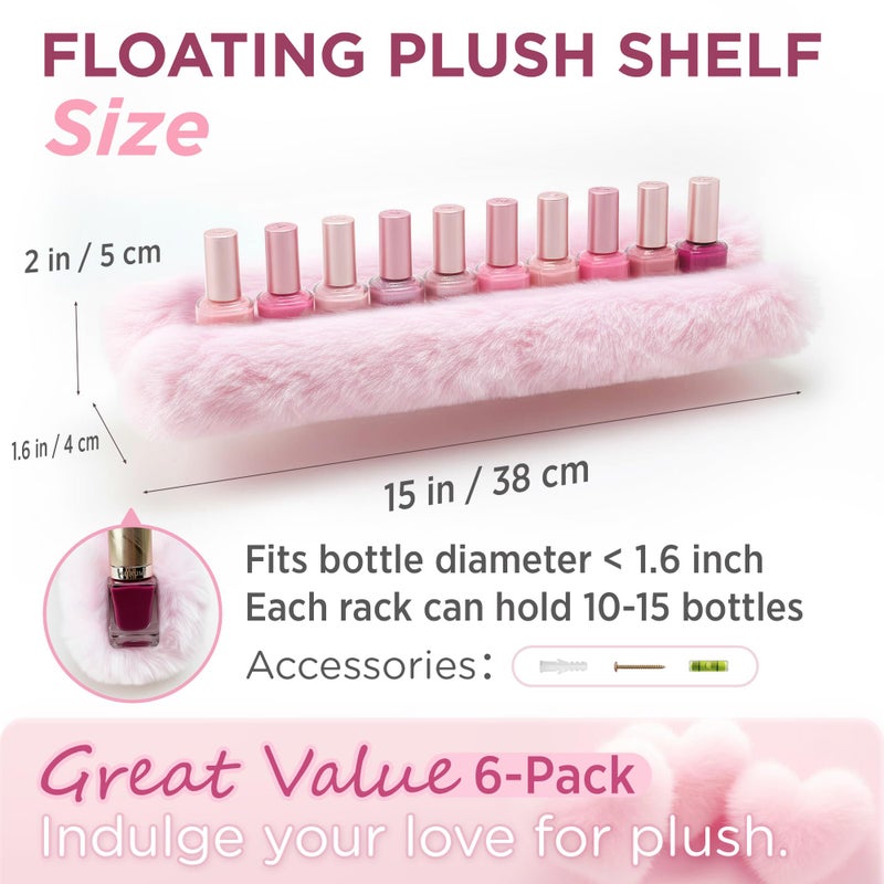YMVV Nail Polish Wall Shelf - 15-Inch Furry Plush Display & Organizer Rack, Holds 60+ Polishes, Soft Ledge for Bedroom, Bathroom, Salon - Protects Bottles from Scratchesï¼Œ6 Pack Pink - Image 2