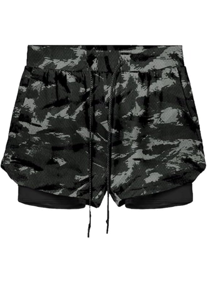 VITION Gym Shorts for Men, Men's Activewear Running Shorts,Drawstring Gym Shorts Men, 2 Layer Loose Athletic Shorts with 4 Pockets (X-Large, Graffiti Gray Camouflage) - Image 1