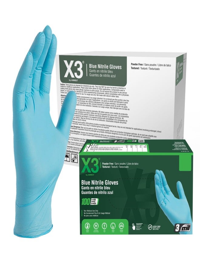 X3 Industrial Blue Nitrile Gloves, Case of 1000, 3 Mil, Size Medium, Latex Free, Powder Free, Textured, Disposable, Non-Sterile, Food Safe, X344100 - Image 1