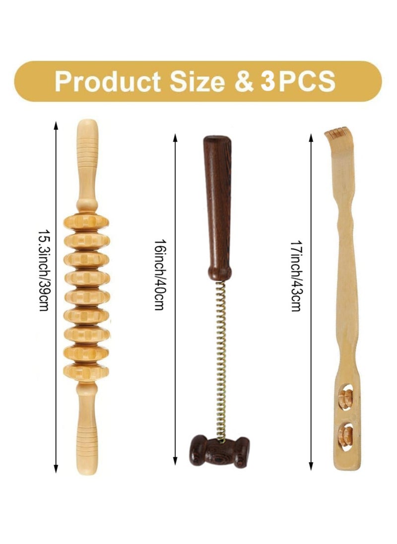 MileMelo 3-Piece Manual Scratching Massage Set Wooden Fascia Massage Roller Trigger Points  for Release Cellulite Sore Muscle Blasting Brown  - Image 2