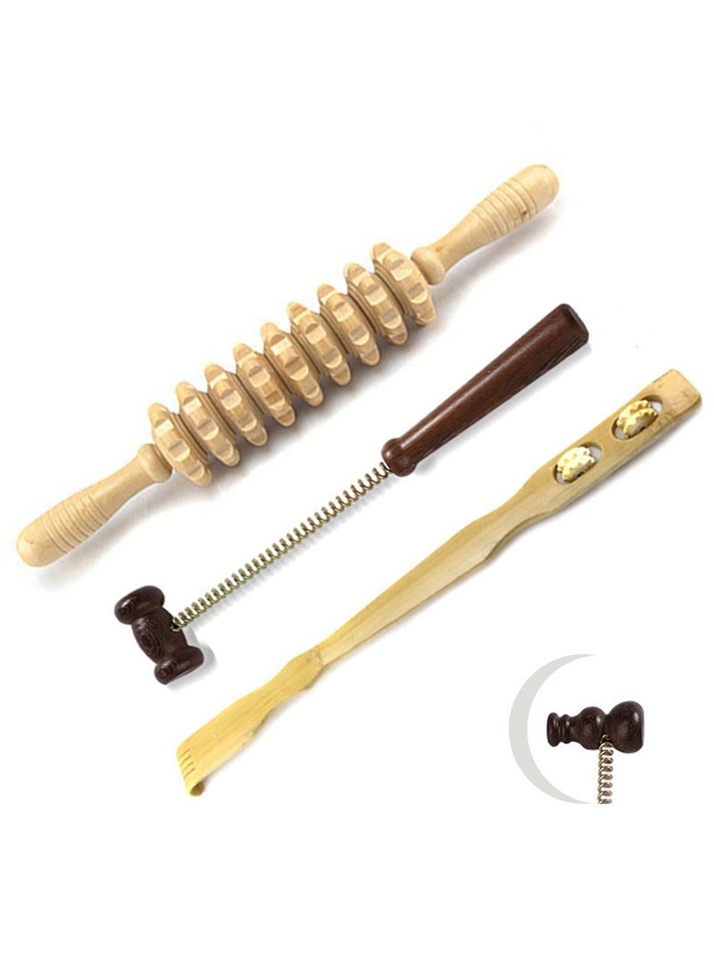 MileMelo 3-Piece Manual Scratching Massage Set Wooden Fascia Massage Roller Trigger Points  for Release Cellulite Sore Muscle Blasting Brown  - Image 1
