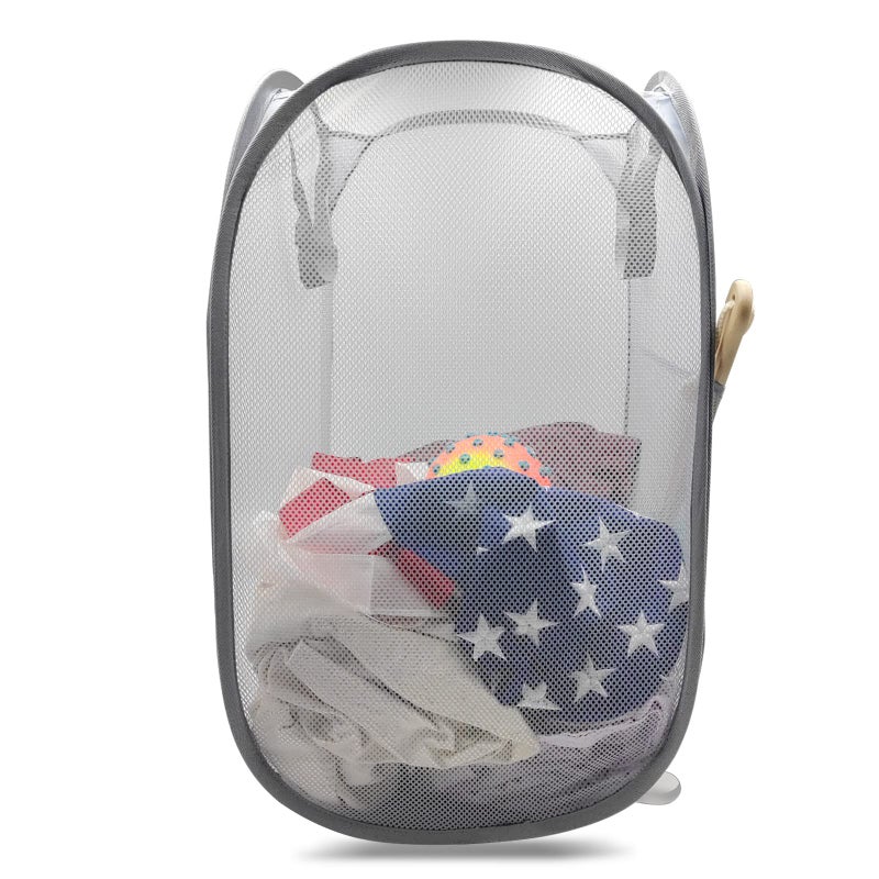 HONOMA Sturdy Mesh Laundry Hamper Basket Bag,Pop up Basket with Side Pocket for Laundry Room, Bathroom, Kids Room, College Dorm or Travel (Pop Vertical, Grey) - Image 1