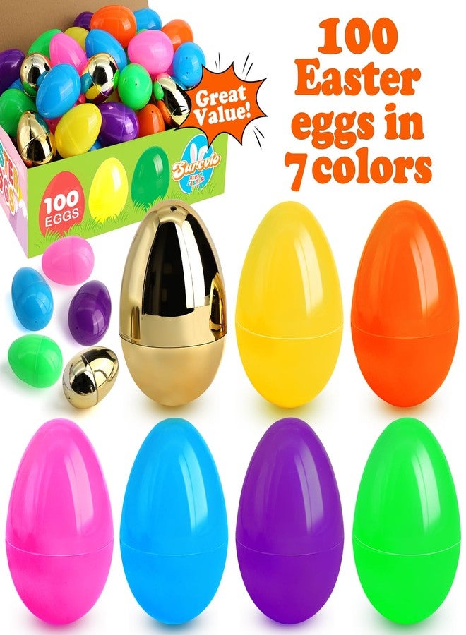 SURCVIO [6 Surprise Golden Eggs] 100 Pack 2.3 Inch Plastic Easter Eggs, Empty Easter Eggs Fillable, Bright Colors Plastic Eggs Bulks for Easter Hunt, Easter Party Favor, Basket Stuffers Fillers - Image 2