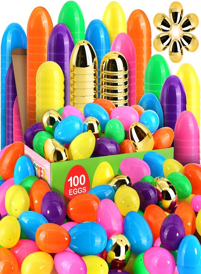 SURCVIO [6 Surprise Golden Eggs] 100 Pack 2.3 Inch Plastic Easter Eggs, Empty Easter Eggs Fillable, Bright Colors Plastic Eggs Bulks for Easter Hunt, Easter Party Favor, Basket Stuffers Fillers - Image 1