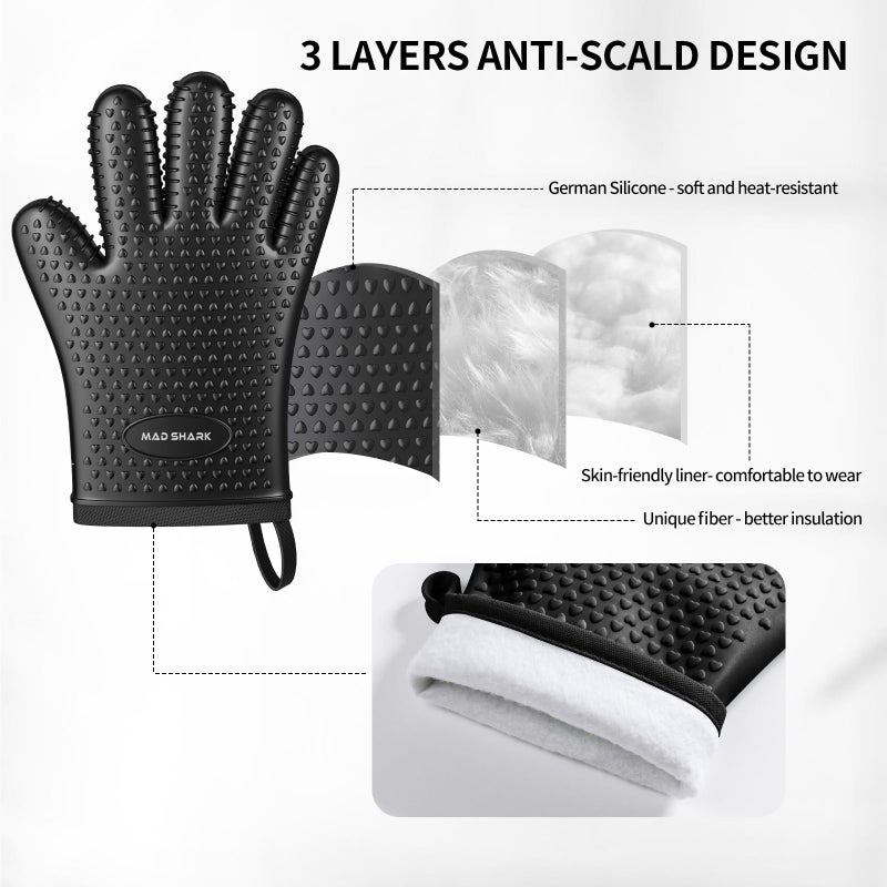 MAD SHARK Silicone Oven Mitts Heat Resistant 450 Degrees,Waterproof & Non-Slip Oven Gloves with Fingers,Cotton Lined Silicone Oven Gloves Kitchen Mitts for Baking Cooking Barbecue,Women,Oven(Black) - Image 3