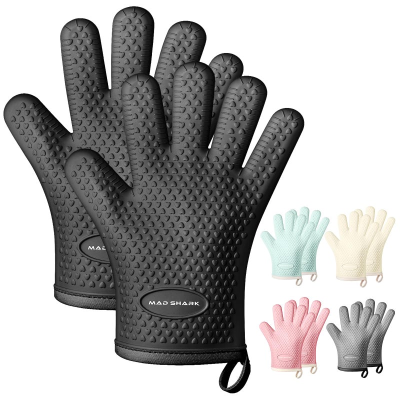 MAD SHARK Silicone Oven Mitts Heat Resistant 450 Degrees,Waterproof & Non-Slip Oven Gloves with Fingers,Cotton Lined Silicone Oven Gloves Kitchen Mitts for Baking Cooking Barbecue,Women,Oven(Black) - Image 1
