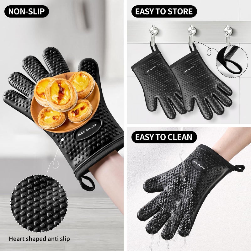 MAD SHARK Silicone Oven Mitts Heat Resistant 450 Degrees,Waterproof & Non-Slip Oven Gloves with Fingers,Cotton Lined Silicone Oven Gloves Kitchen Mitts for Baking Cooking Barbecue,Women,Oven(Black) - Image 4